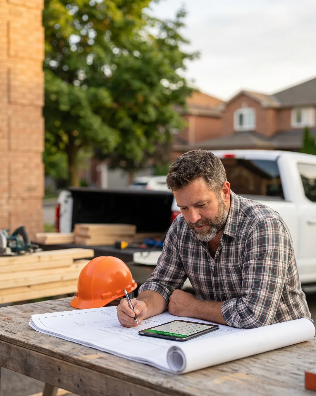 A contractor reviewing blueprints on a jobsite table, hard hat and truck nearby